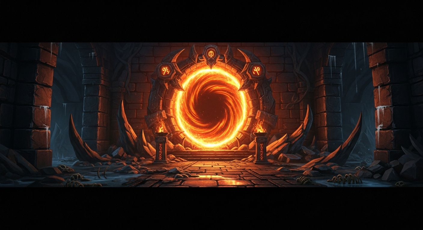 Episches dunkles Fantasy-Dungeon mit feurigem Portal